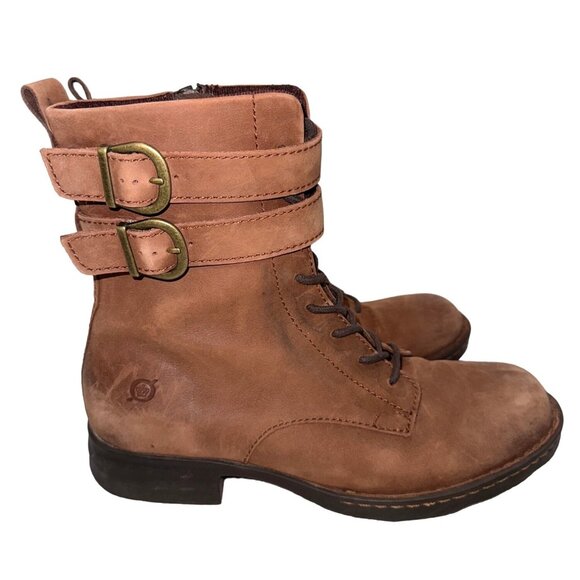 BORN Camryn Genuine Leather Brown Double Buckle Strap Lace-Up Cognac Boots 8.5 - Picture 3 of 15